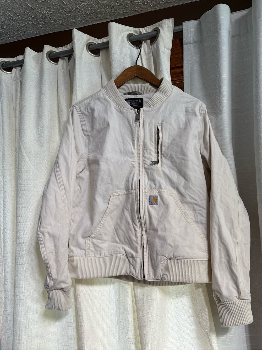 Carhartt Women’s Cream Bomber Jacket Relaxed Fit Zip Size L Vintage See Photos